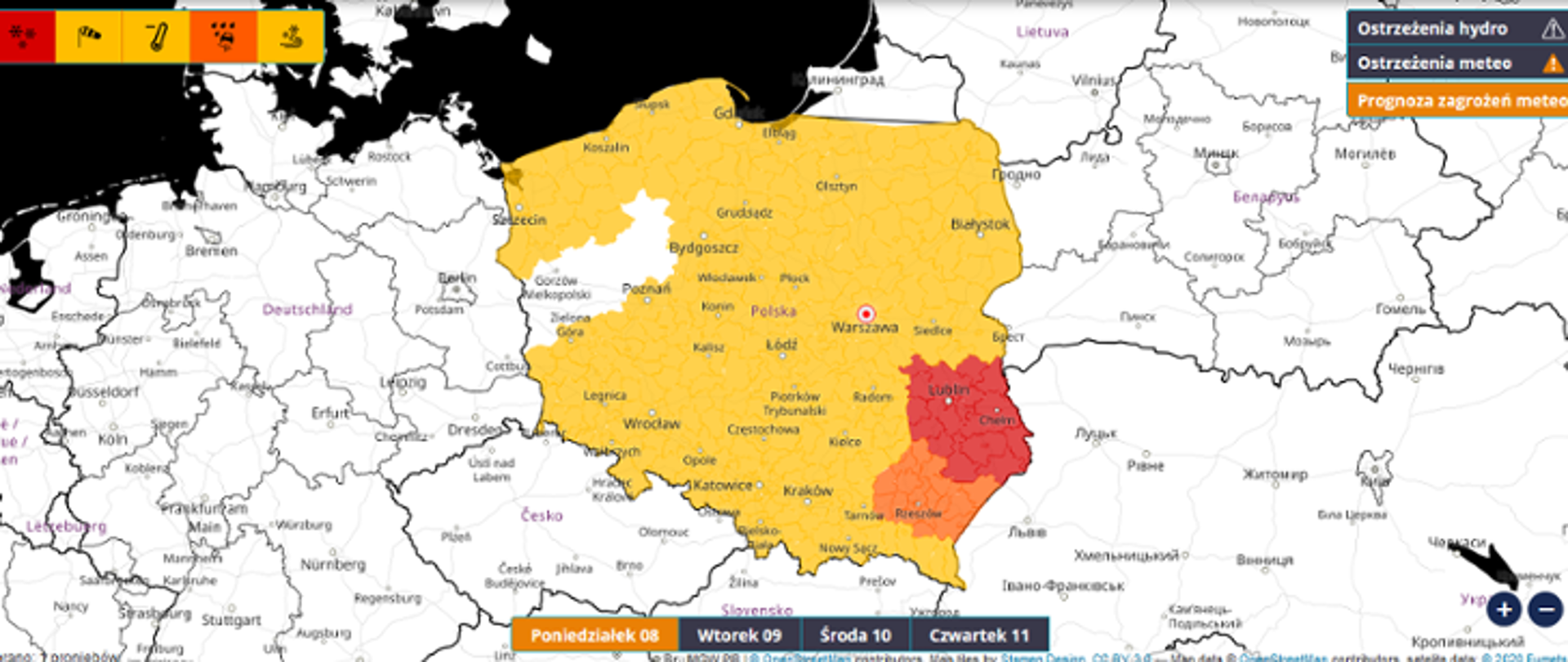 mapa polski z zaznaczonymi na żółto i czerwono ostrzeżeniami IMGW