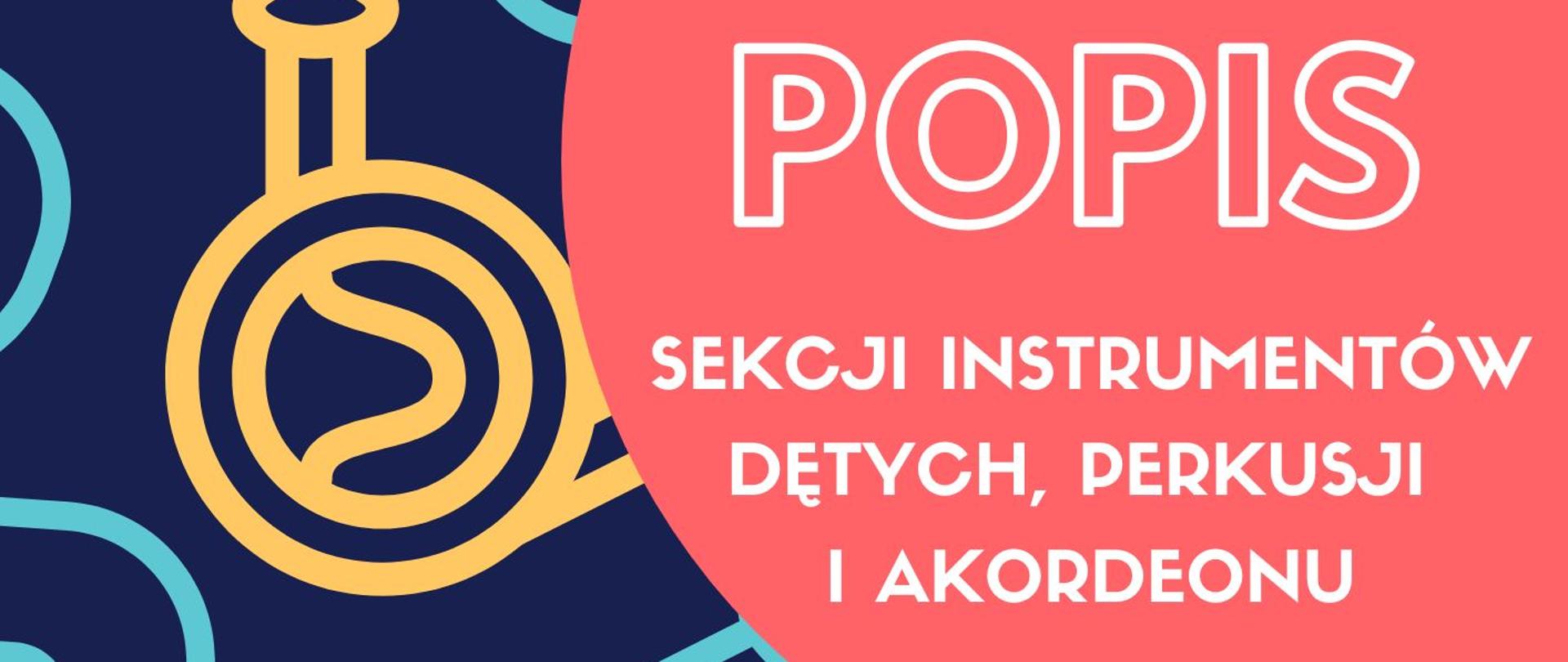 Kolorowy i nowoczesny plakat promuje popis sekcji instrumentów dętych, perkusji i akordeonu organizowany przez Państwową Szkołę Muzyczną I st. nr 1 w Kędzierzynie-Koźlu. Dynamiczne tło z graficznymi motywami instrumentów w odcieniach granatu, turkusu i żółci nadaje całości energiczny oraz młodzieżowy charakter, przyciągając uwagę wyrazistą typografią i geometrycznymi formami. Na plakacie zamieszczono informacje o wydarzeniu odbywającym się 14 maja 2026 roku wraz z harmonogramem występów poszczególnych klas w sali koncertowej szkoły.