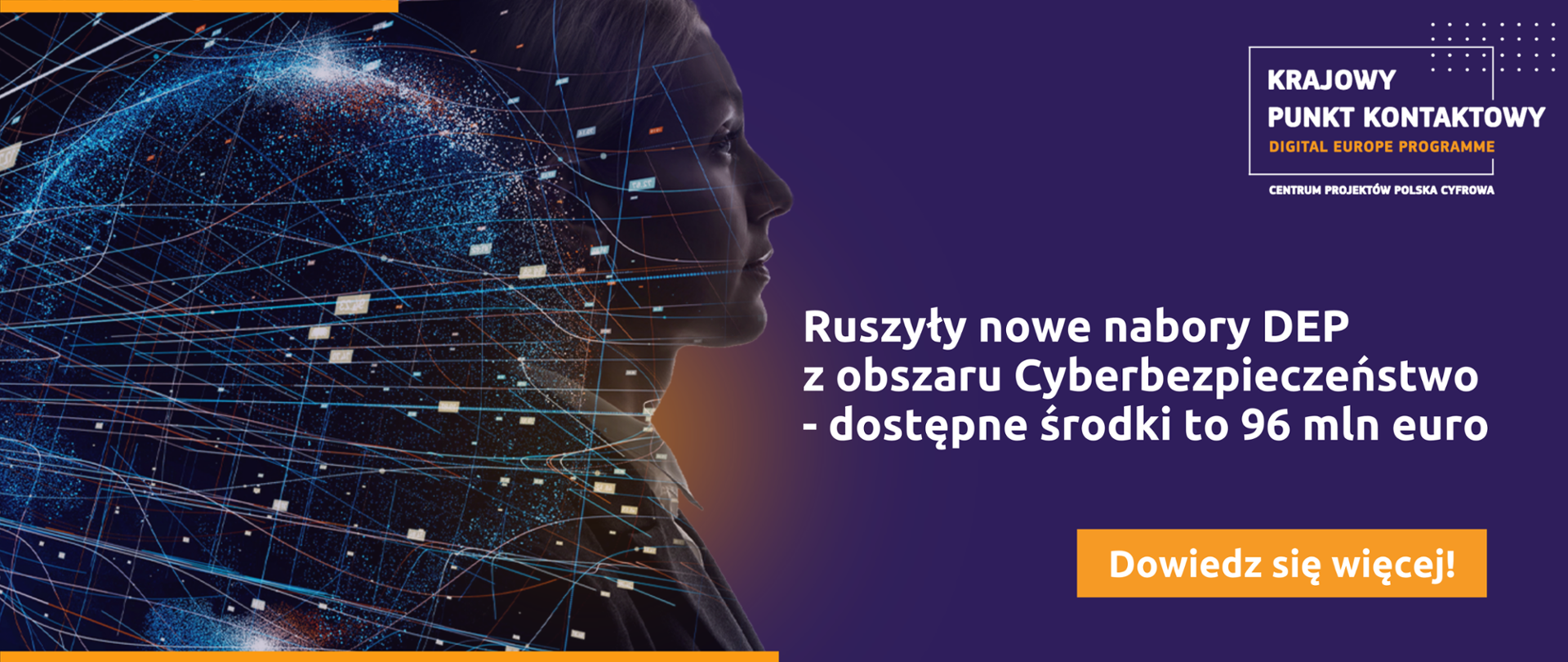 W prawym górnym rogu grafiki znajduje się logo Krajowego Punktu Kontaktowego. Niżej widnieje biały napis "Ruszyły nowe nabory DEP z obszaru Cyberbezpieczeństwo- dostępne środki to 96 mln euro”. W lewej części grafiki znajduje się profil kobiety na który naniesiony jest kontur planety Ziemi oraz linie przypominające sieć. Całość ma futurystyczny charakter.