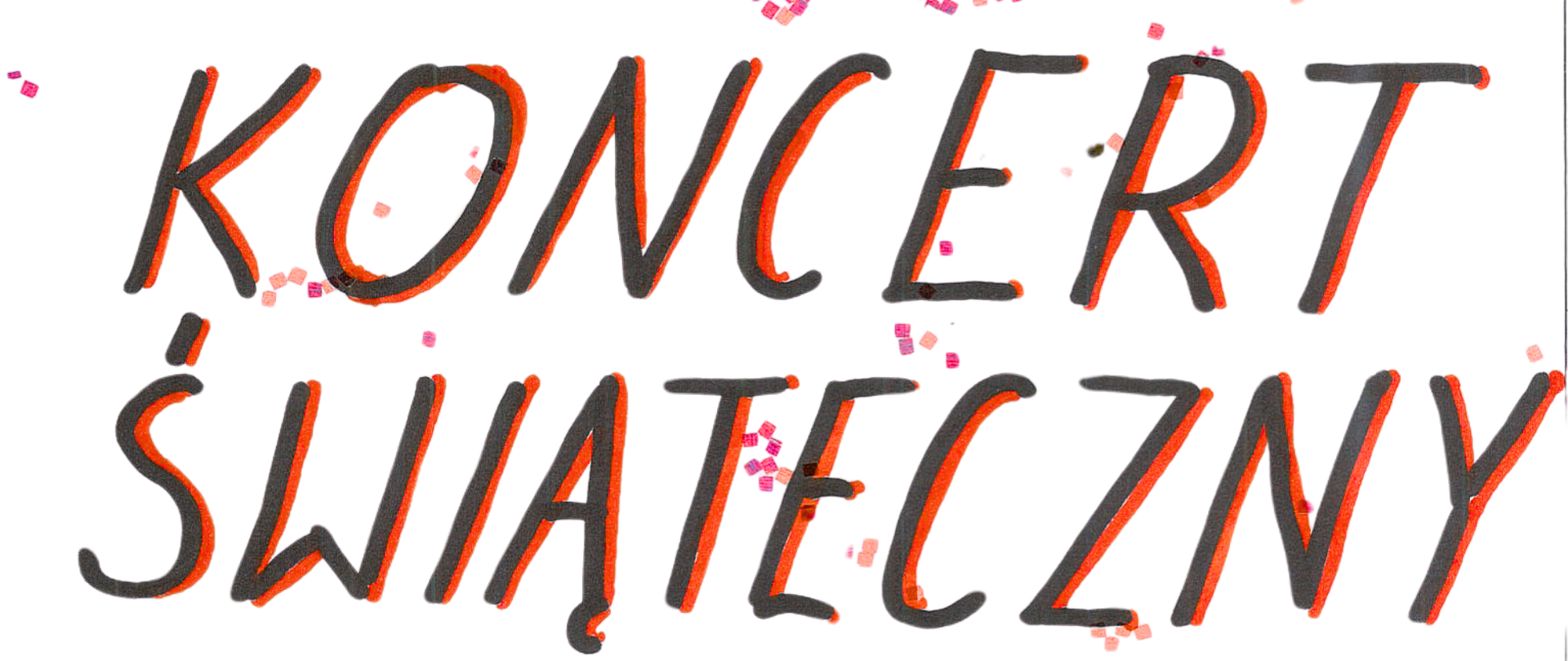 Rysunek przedstawia plakat zapowiadający wydarzenie, utrzymany w świątecznym klimacie.
U góry widoczne są zwisające, kolorowe (żółte i niebieskie) girlandy i błyszczące ozdoby. Poniżej, po lewej stronie, wisi czerwona bombka z napisem "17:00", a po prawej kolejna czerwona bombka z datą "19.12". Centralnie umieszczony jest niebieski prostokąt z napisem "SALA KONCERTOWA".
W dolnej części plakatu znajduje się stylizowany rysunek fortepianu z czarnymi klawiszami i fragmentem nut na pięciolinii, na którym spoczywa czerwona czapka Mikołaja. Obok fortepianu widnieje duży, odręczny napis: "KONCERT ŚWIĄTECZNY".
W prawym dolnym rogu narysowana jest mała, ozdobiona choinka. Całość tła jest biała, poprzetykana drobnymi, kolorowymi kropkami przypominającymi konfetti.