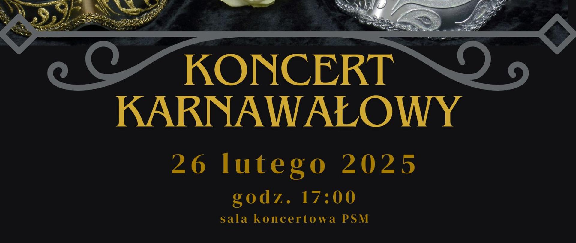 Maski na czarnym tle, żółte napisy