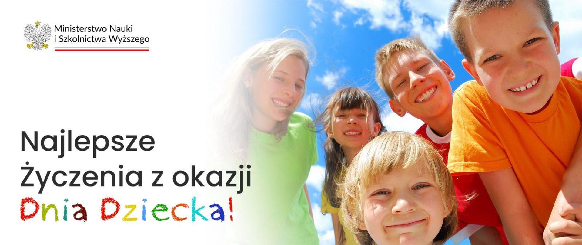 Grafika - kilkoro roześmianych dzieci i napis Najlepsze życzenia z okazji Dnia Dziecka.