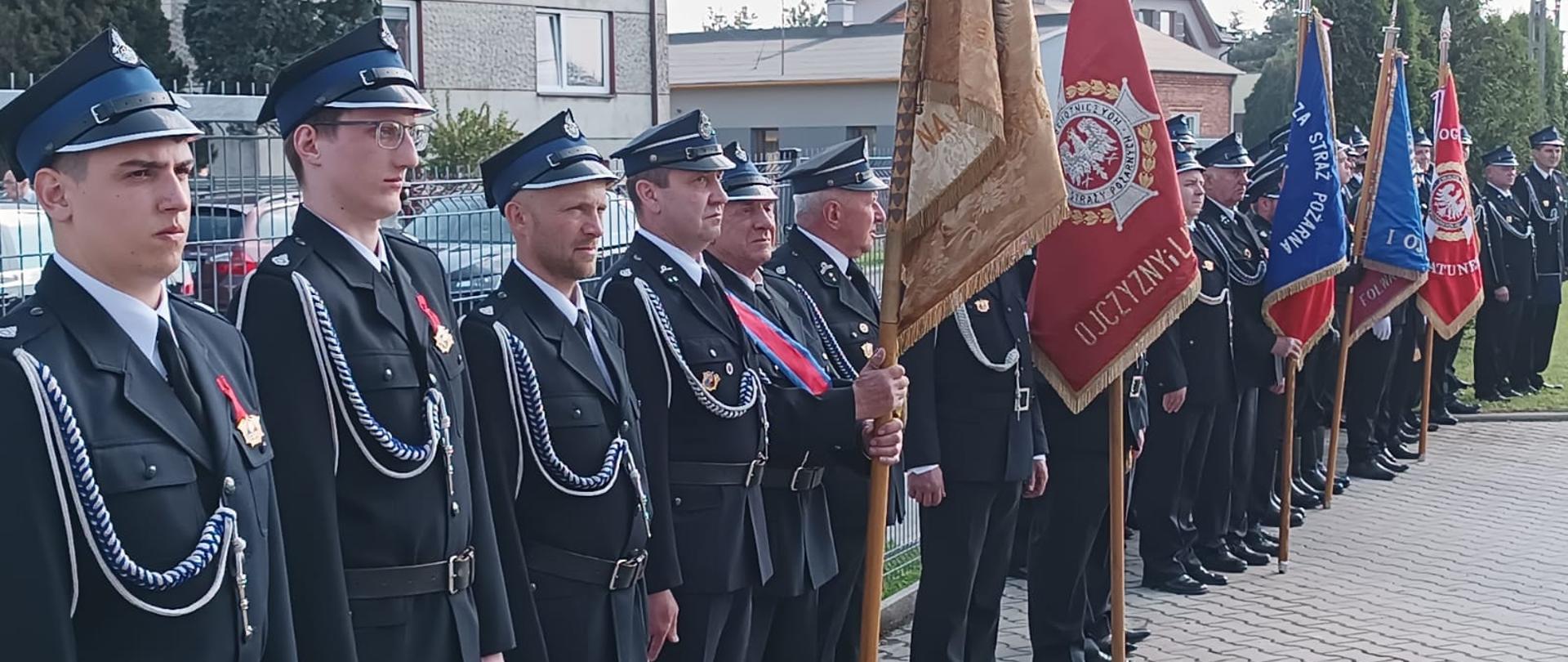 poczty sztandarowe OSP stojące w szeregu, w tle budynki