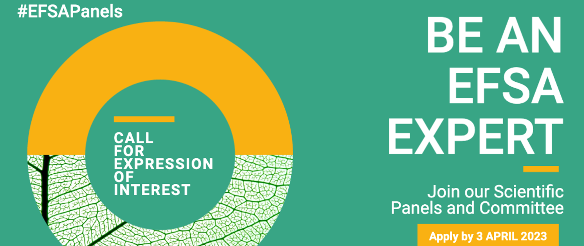 Na oliwkowym tle angielskojęzyczne napisy "#EFSAPanels", "CALL FOR EXPRESION OF INTEREST", "BE AN EFSA EXPERT", "Join our Scientific Panels and Committee", "Apply by 3 APRIL 2023"