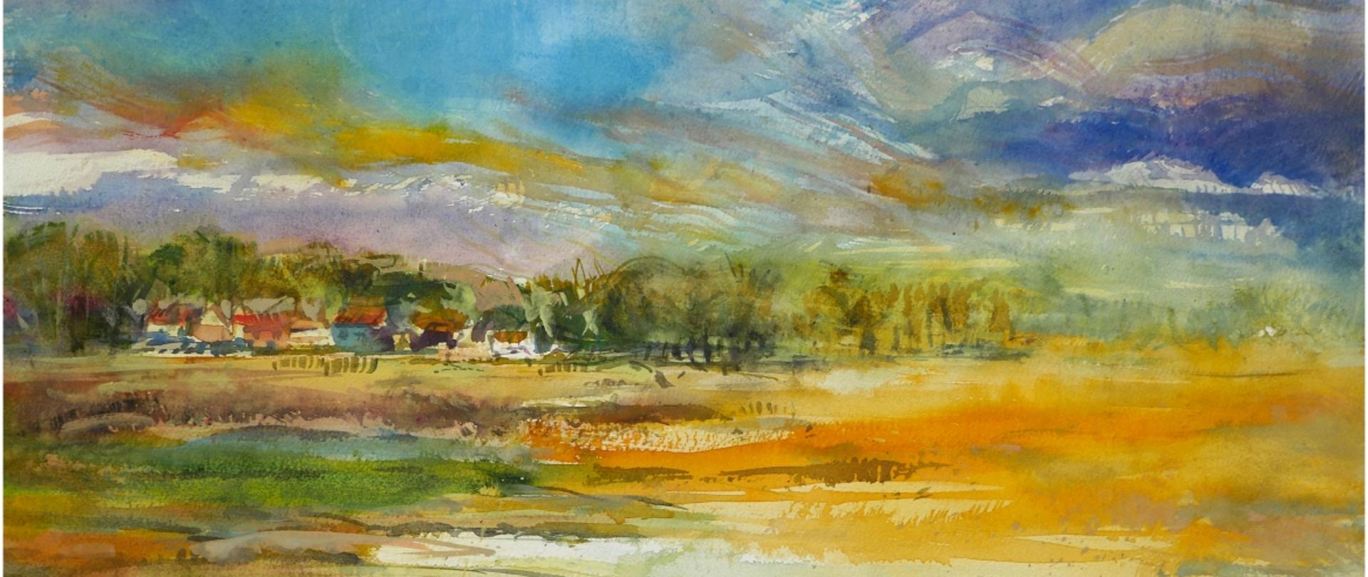 Spokojny krajobraz wiejski utrzymany w stonowanych barwach, ciepłych i zimnych. Wiosna lub lato. W oddali widać budynki i roślinność. Obraz działa na wyobraźnię, ponieważ występują w nim nieokreślone kształty, niemożliwe do jednoznacznego zdefiniowania obiekty.