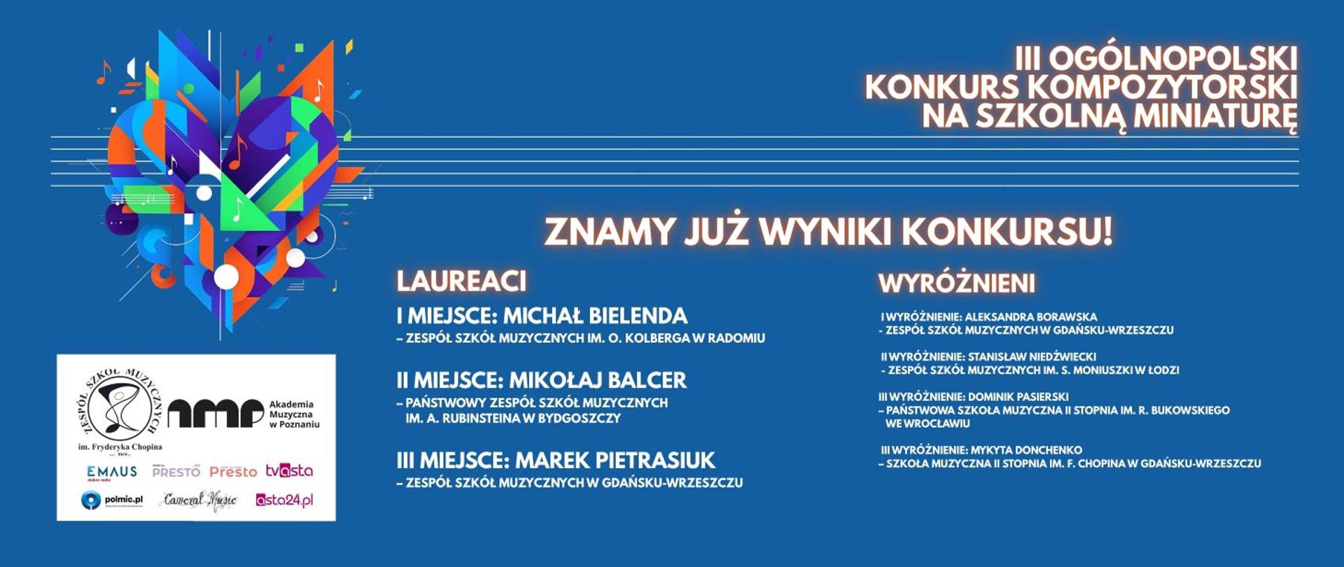 Na granatowym tle u góry pięciolinia a na niej po lewej stronie kolorowe serce. Na całości napisy informujące o wynikach konkursu.