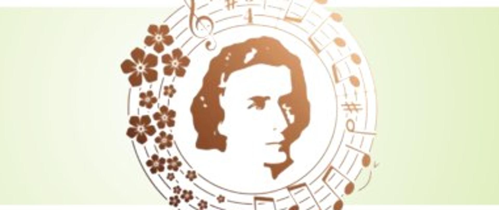 Logo Konkursu Chopinowska Wiosna, głowa Chopina otoczona brązowymi nutami na zielono białym tle