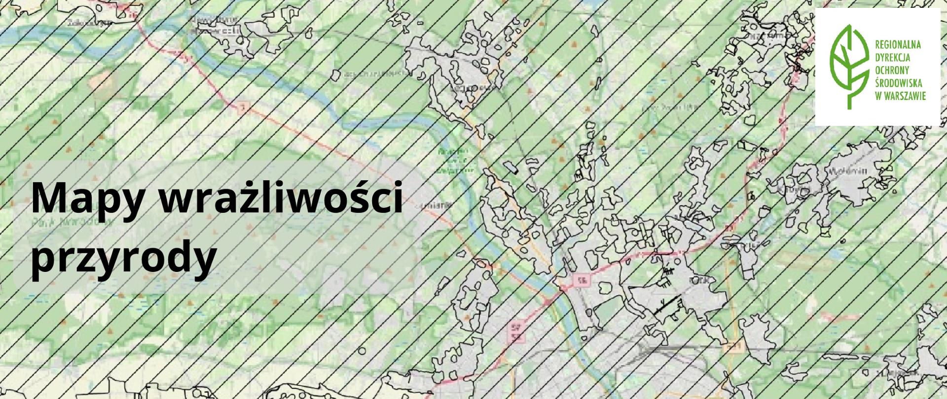 Fragment mapy, niebieska linia rzeki, obszary w różnych odcieniach zieleni i szarości wydzielone czarną linią, logo i napis "Mapy wrażliwości przyrody"