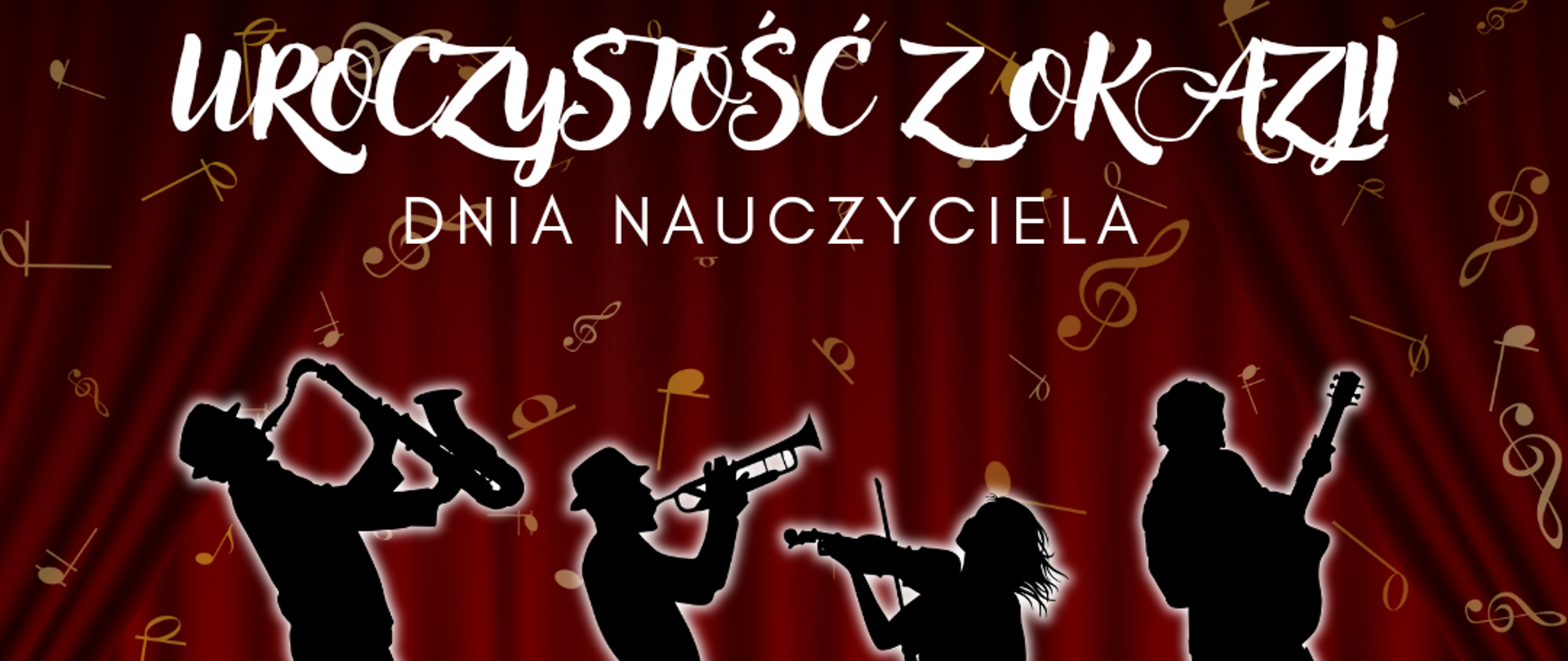 Dzień nauczyciela - koncert. Muzycy na plakacie. Czerwone tło. 14 października 2024, godz. 17.00 