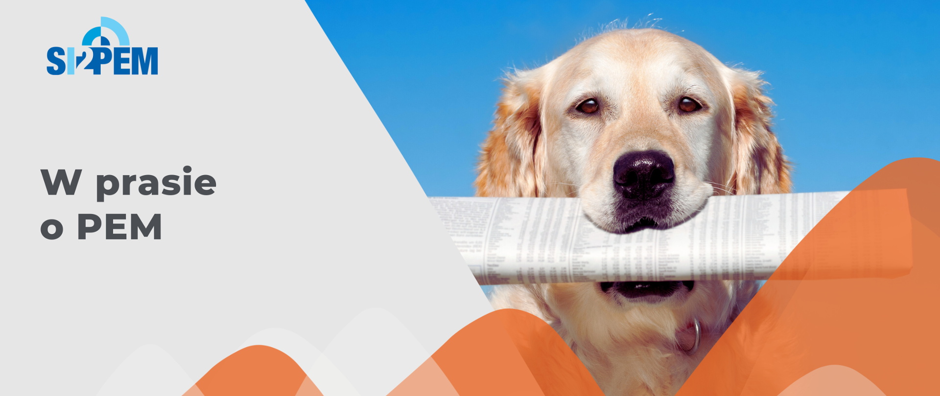 Grafika przedstawia zdjęcie psa trzymającego w pysku gazetę oraz napis W prasie o PEM.