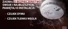 Zdjęcie przedstawia czujkę w otoczeniu dymu. Na zdjęciu znajduje się napis Zadbaj o bezpieczeństwo swoje i najbliższych. pamiętaj o instalacji czujek dymu i tlenku węgla. 