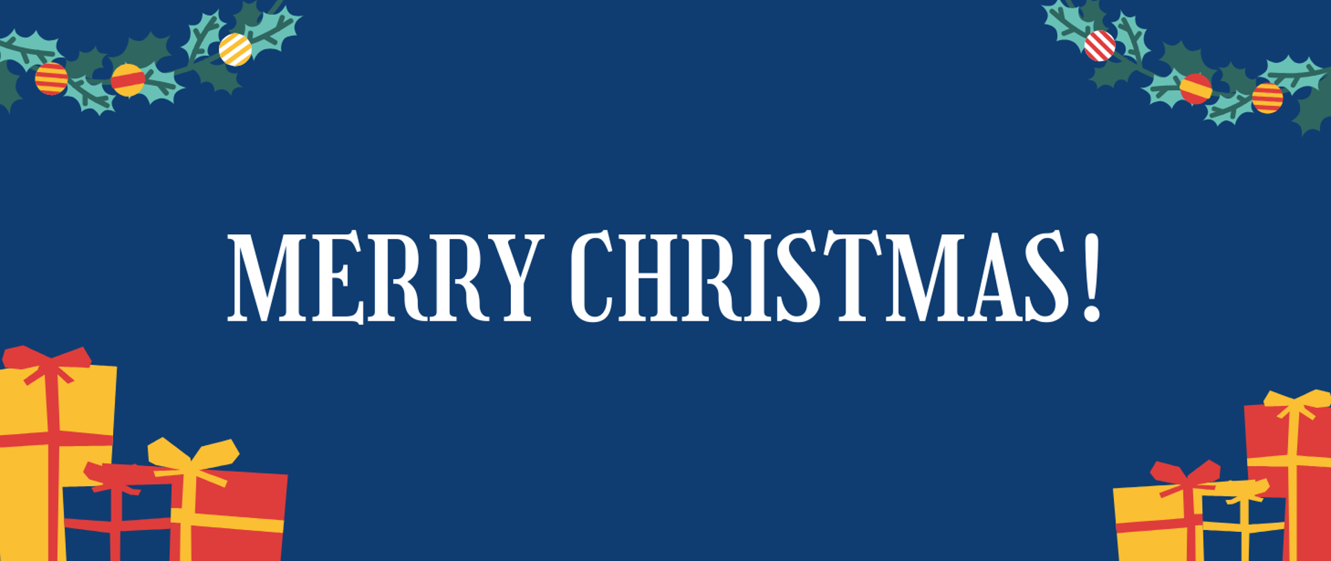 Tekst "Merry Christmas!" na granatowym tle. W prawym i lewym górnym rogu świąteczne kwiaty. W prawym i lewym dolnym rogu prezenty.