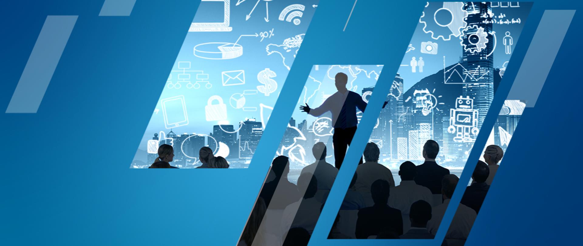 ogólna grafika - cienie postaci, centralna postać przemawia. na jej tle różne rysunki symbolizujące technikę i innowację 