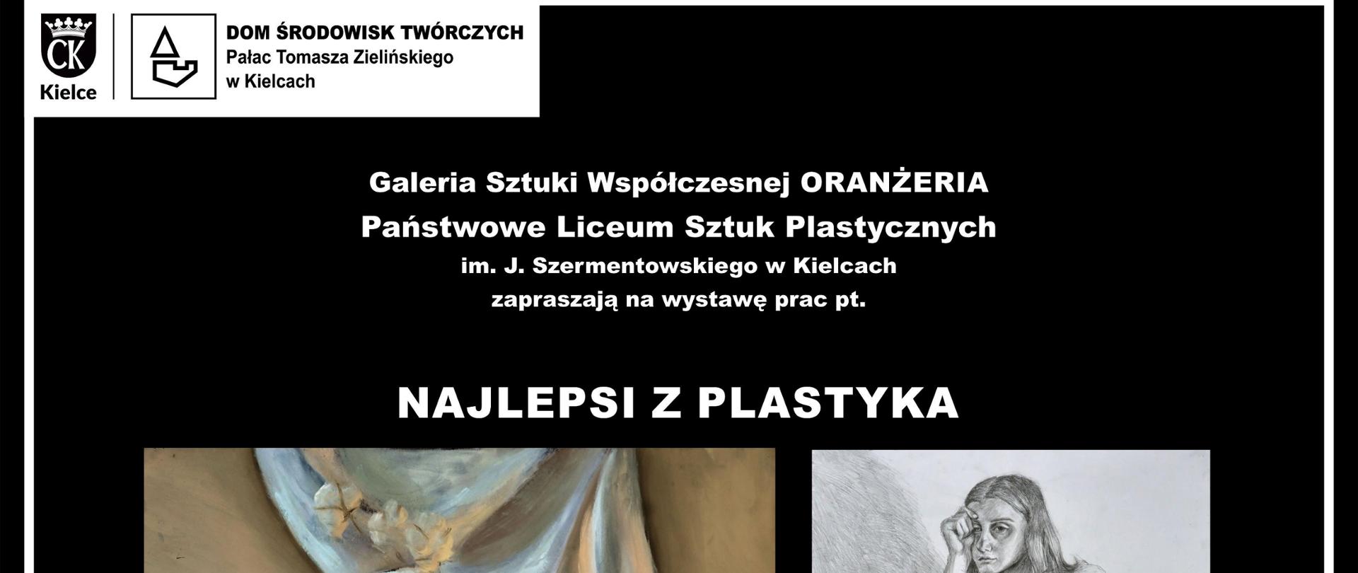 zdjęcie przedstawia wybrane kolorowe i czarno-białe prace naszych uczniów - wszystko to w formie plakatu - obok zdjęć napisy w kolorze białym wymieniające nazwiska uczniów i nazwę kieleckiego plastyka oraz nazwę galerii