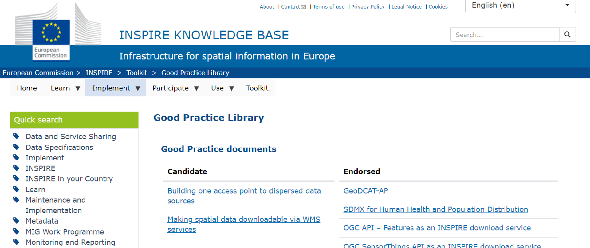 Zrzut ekranu z witryny: "INSPIRE KNOWLEDGE BASE" ("Baza wiedzy INSPIRE") - adres strony: https://inspire.ec.europa.eu/