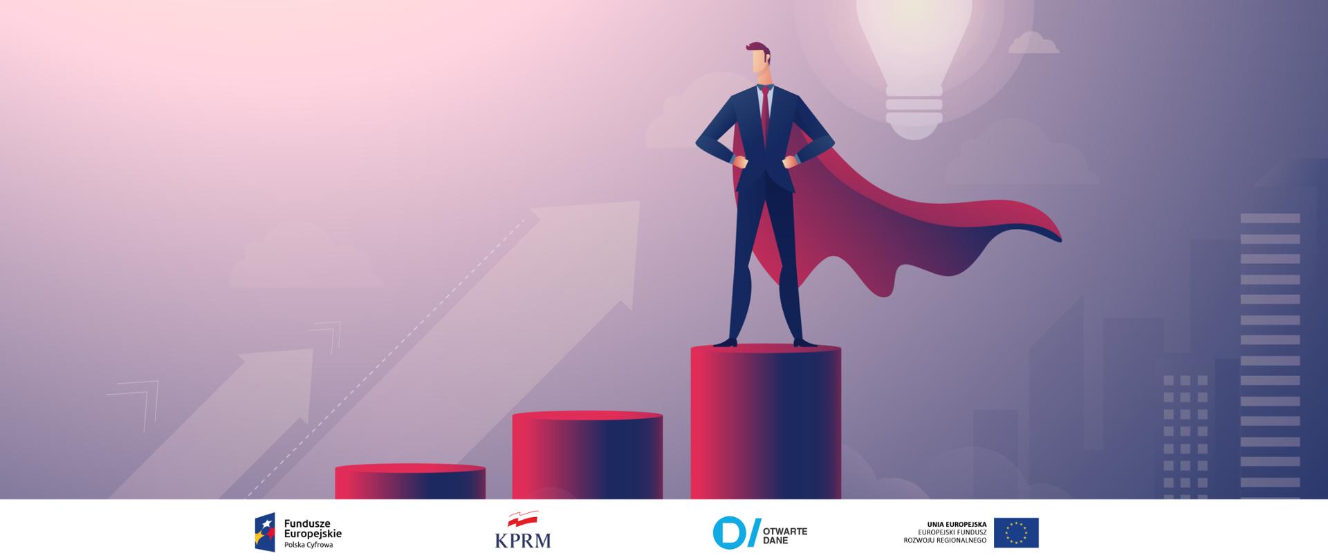 Grafika wektorowa - mężczyzna w garniturze z peleryną superbohatera. Stoi na najwyższym spośród trzech podium. W tle symbole oznaczające wzrost i rozwój (strzałki w górę). Całość utrzymana w fioletowo-czerwonej kolorystyce.