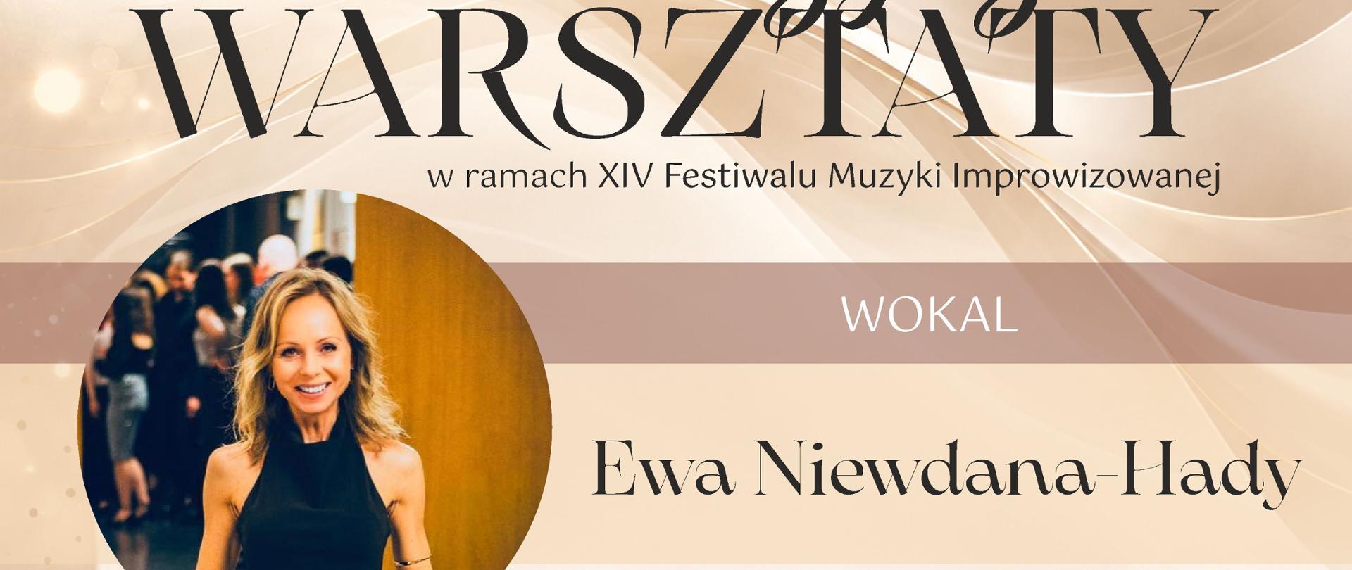 Pionowy plakat informujący o warsztatach wokalnych organizowanych w ramach XIV Festiwalu Muzyki Improwizowanej w Krzeszowicach. Prowadzącą warsztaty jest Ewa Niewdana-Hady. Plakat ma elegancki, nowoczesny charakter i utrzymany jest w jasnej, ciepłej kolorystyce, z dominacją kremu, beżu, jasnego brązu i złamanej bieli. Ciemne napisy kontrastują z delikatnym tłem ozdobionym świetlistymi refleksami i płynnymi, falującymi liniami.
1. Górna część plakatu – tytuł warsztatów
W górnej części plakatu znajduje się duży, ozdobny napis:
„Muzyczne
WARSZTATY”
Słowo „Muzyczne” zapisane jest dekoracyjną, kaligraficzną czcionką z finezyjnymi zawijasami. Poniżej umieszczono słowo „WARSZTATY”, zapisane bardzo dużymi, eleganckimi literami szeryfowymi w kolorze ciemnobrązowym.
Pod tytułem widnieje napis:
„w ramach XIV Festiwalu Muzyki Improwizowanej”
Jest on zapisany mniejszą, prostą czcionką w ciemnym kolorze.
Niżej znajduje się szeroki, poziomy pas w odcieniu jasnego, pudrowego brązu. Na jego środku, białymi, dużymi literami, umieszczono napis:
„WOKAL”
2. Fotografia i nazwisko prowadzącej
W lewej części plakatu znajduje się duża, okrągła fotografia przedstawiająca kobietę o jasnej cerze i długich, falowanych, blond włosach. Kobieta uśmiecha się do obiektywu. Ubrana jest w czarną, bezrękawową bluzkę z wysokim dekoltem. Na jednym z ramion widoczna jest delikatna biżuteria. W tle fotografii znajdują się rozmyte sylwetki ludzi oraz ciepła, złocistobrązowa powierzchnia. Zdjęcie ma ciepłą tonację, z przewagą odcieni złota, brązu, czerni i naturalnych barw skóry.
Po prawej stronie fotografii, na jasnym tle, dużą, ozdobną czcionką szeryfową zapisano imię i nazwisko prowadzącej:
„Ewa Niewdana-Hady”
3. Biografia prowadzącej warsztaty
Pod fotografią, w lewej części plakatu, znajduje się opis sylwetki artystki. Tekst zapisany jest ciemnobrązową czcionką, wyrównaną do lewej strony.
Pełna treść brzmi:
„Ewa Niewdana-Hady - wokalistka, pedagożka, kompozytorka, aranżerka i autorka tekstów.
Absolwentka Wydziału Jazzu i Muzyki Rozrywkowej Akademii Muzycznej w Katowicach, specjalistka w zakresie wokalistyki jazzowej. Ma na swoim koncie około 500 koncertów w Polsce i za granicą oraz współpracę z czołowymi artystami polskiej sceny muzycznej, m.in. Ewą Farną, Haliną Młynkovą, Janem Kantym Pawluśkiewiczem i zespołem Bajm. Występowała na najważniejszych polskich scenach i festiwalach, a także jako coach wokalny programu „Bitwa na Głosy”. Od lat łączy działalność artystyczną z pracą pedagogiczną.”
4. Data, godzina i miejsce warsztatów
W prawej części plakatu, na jasnym, kremowo-beżowym tle, umieszczono duży blok informacyjny dotyczący terminu wydarzenia.
Data zapisana jest w trzech liniach:
„22
października
16:00”
Liczba „22” jest bardzo duża i znajduje się w górnej części bloku. Poniżej zapisano słowo „października”, a jeszcze niżej godzinę „16:00”, również dużymi cyframi.
Pod godziną znajduje się cienka, pozioma linia w kolorze szarobeżowym. Poniżej umieszczono informację o miejscu warsztatów:
„Aula PSM
ul. Ogrodowa 7,
Krzeszowice”
Tekst jest wyśrodkowany, zapisany ciemną czcionką o eleganckim, klasycznym kroju.
5. Informacja o bezpłatnym udziale i zapisach
W dolnej części głównego pola plakatu znajduje się szeroki, poziomy pas w kolorze jasnego, pudrowego brązu. Umieszczono na nim wyśrodkowany napis:
„Warsztaty bezpłatne - obowiązują zapisy na www.skalapasji.pl”
Adres internetowy „www.skalapasji.pl” jest podkreślony. Informacja wskazuje, że udział w warsztatach jest bezpłatny, ale wymaga wcześniejszego zgłoszenia.
6. Sponsorzy, partnerzy i patronat medialny
Na samym dole plakatu znajduje się biały, poziomy pas z logotypami instytucji wspierających wydarzenie, sponsora oraz patronów medialnych.
Po lewej stronie widoczne jest logo:
„KULTURALNA MAŁOPOLSKA”
Obok niego znajduje się informacja:
„Projekt zrealizowany
przy wsparciu finansowym
Województwa Małopolskiego”
Dalej umieszczono logo i nazwę:
„POWIAT KRAKOWSKI”
wraz z informacją:
„PROJEKT ZREALIZOWANY
PRZY WSPARCIU FINANSOWYM
POWIATU KRAKOWSKIEGO”
Następnie widoczny jest herb/logo Gminy Krzeszowice oraz tekst:
„Projekt zrealizowany
przy wsparciu finansowym
Gminy Krzeszowice”
W prawej części pasa znajduje się nagłówek:
„Sponsorzy i partnerzy:”
Pod nim umieszczono logo i nazwę sponsora:
„KOPALNIE
PORFIRU I DIABAZU”
z dopiskiem:
„Sp. z o.o.”
Niżej znajduje się nagłówek:
„Patronat medialny:”
oraz trzy logotypy patronów medialnych:
- „Głos Seniora”
- „przełom.pl”
- „Krzeszowicki Magazyn”
7. Opis tła, kolorystyki i kompozycji
Tło plakatu jest jasne, kremowo-beżowe. W górnej części widoczne są miękkie, płynnie układające się fale przypominające smugi światła lub jedwabną tkaninę. Na całej powierzchni rozmieszczono subtelne, rozmyte punkty świetlne w kolorach białym, kremowym i złocistym. W niektórych miejscach pojawiają się delikatne, cienkie linie podkreślające wrażenie ruchu i lekkości.