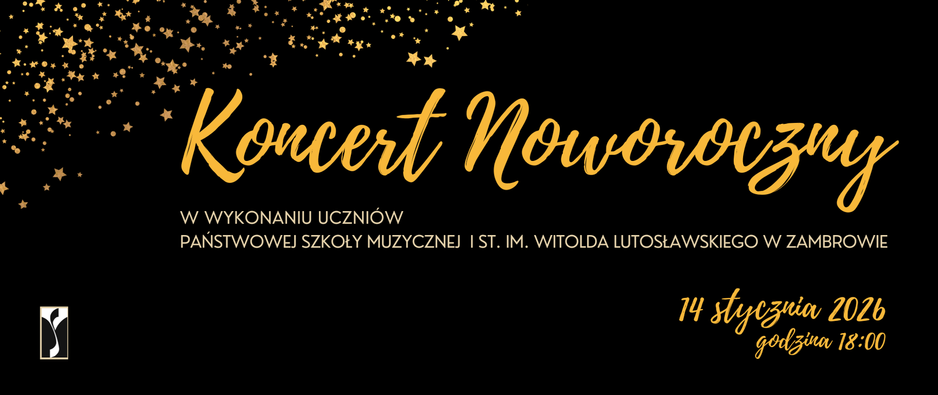Na czarnym tle poziomego plakatu po obu jego bokach umieszczone są grafiki przypominające małe gwiazdki w złotym kolorze. W centralnej części plakatu umieszczone są informacje drukowaną żółtą czcionką - nazwa koncertu, informacja o wykonawcach, W lewym dolnym rogu logo PSM I stopnia w Zambrowie - organizatora wydarzenia. Z prawym dolnym rogu umieszczono datę i godzinę koncertu. 
