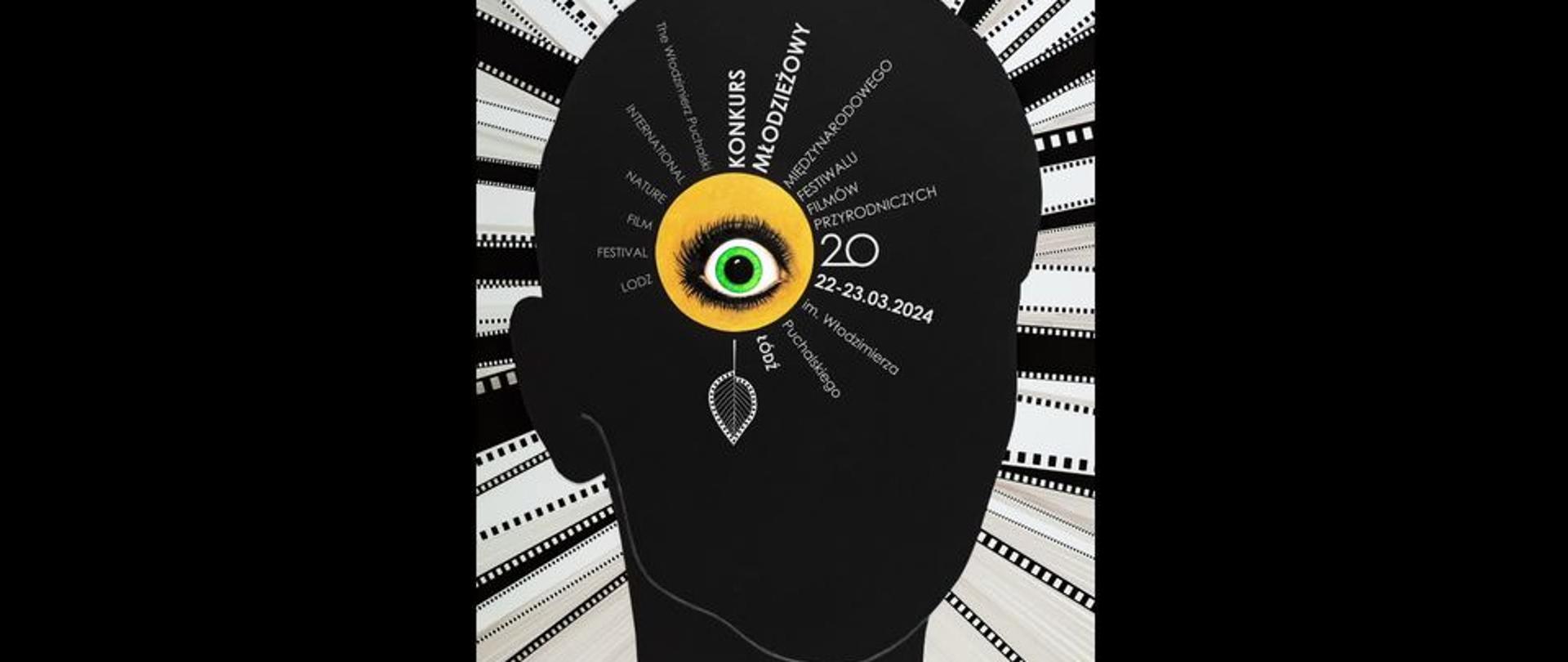 Plakat: czarny kontur głowy na tle biało czarnych taśm filmowych