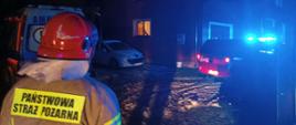 Na pierwszym planie znajduje się strażak odwrócony
tyłem do kamery. W tle znajduje się dom, w którym doszło do zatrucia
tlenkiem węgla. Wszystko co widoczne jest na zdjęciu oświetlone jest
niebieskim światłem samochodu strażackiego.