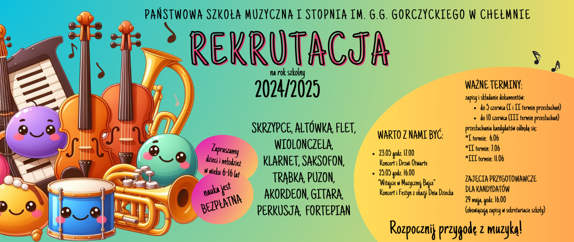 Wielokolorowy plakat z informacjami na temat rekrutacji (rok szkolny 2024/2025)