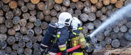 Dwóch strażaków podaje prąd wody na stos drewna