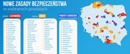 Grafika przedstawiająca wykaz powiatów objętych strefą czerwoną, żółtą i niebieską. 