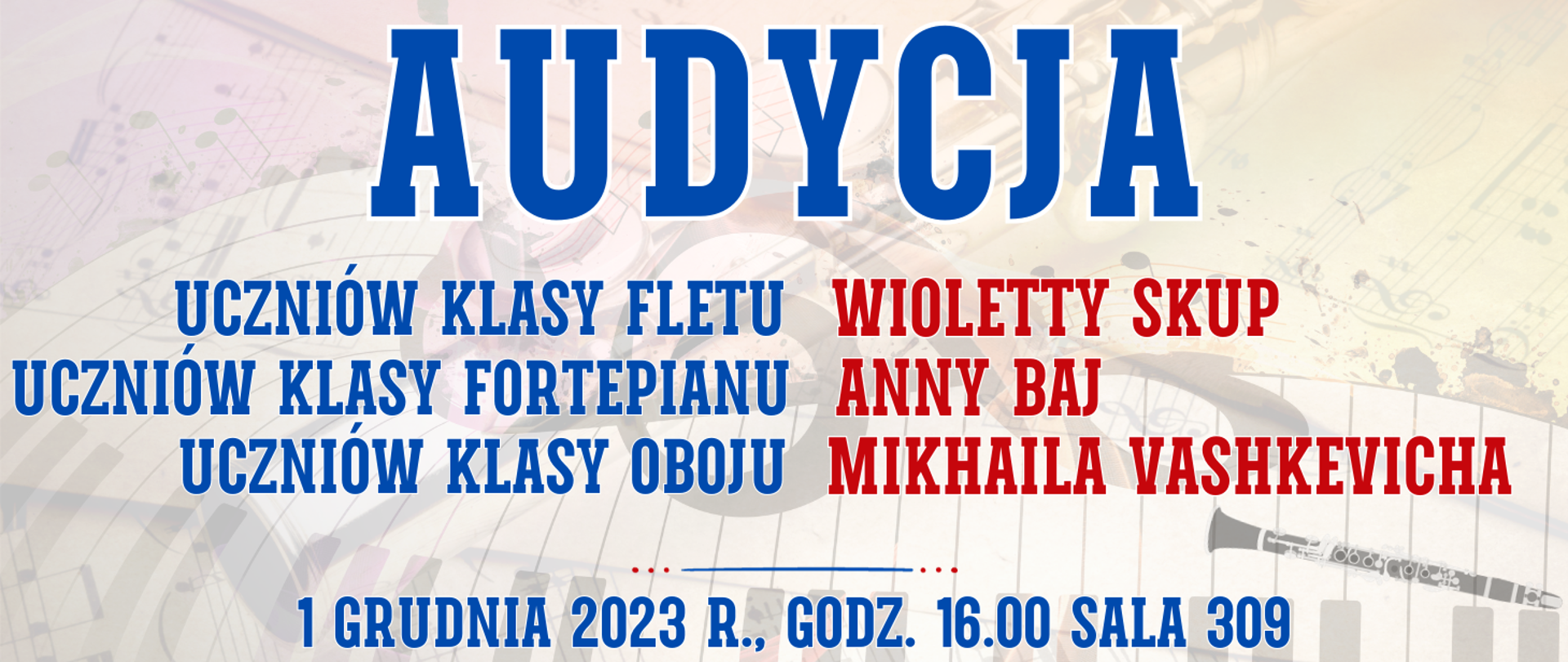kolorowe tło z fletem poprzecznym leżącym na nutach i klawiaturą fortepianu oraz informacja o wydarzeniu