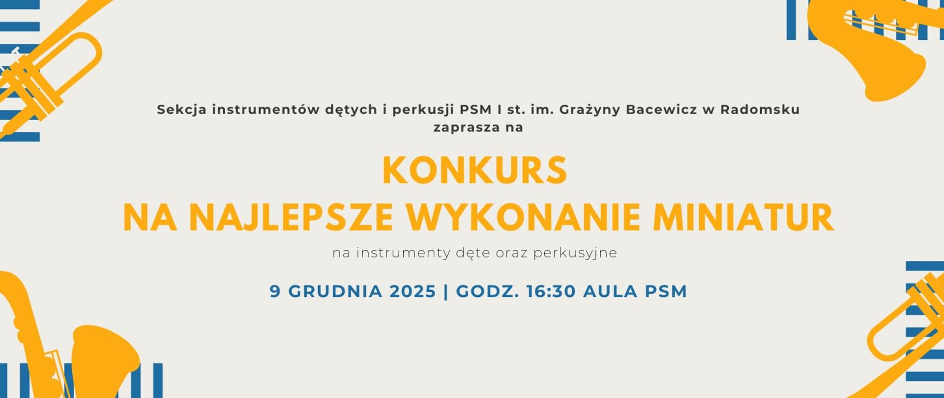 Na szarym tle znajdują się napisy informacyjne w kolorze żółtym, niebieskim, czarnym oraz grafiki saksofonów i trąbek ( w kolorze żółtym) umieszczone w rogach plakatu na tle niebieskich pasków.