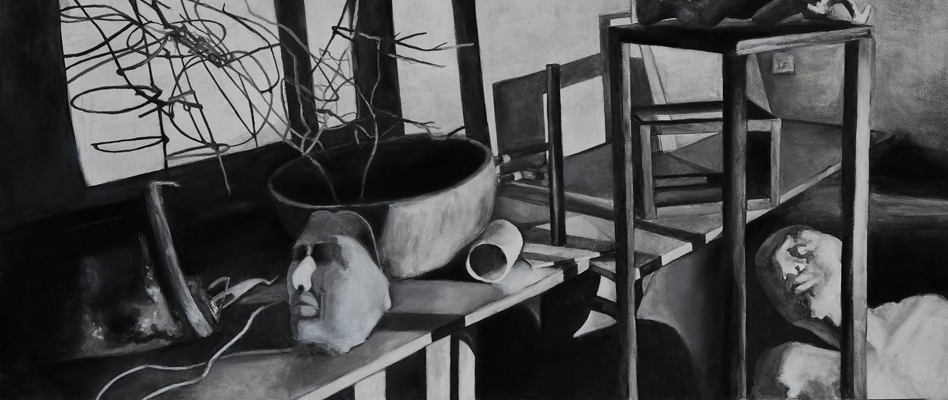 Rysunek przedstawiający nieuporządkowane obiekty takie jak druty, maski, fragmenty mebli