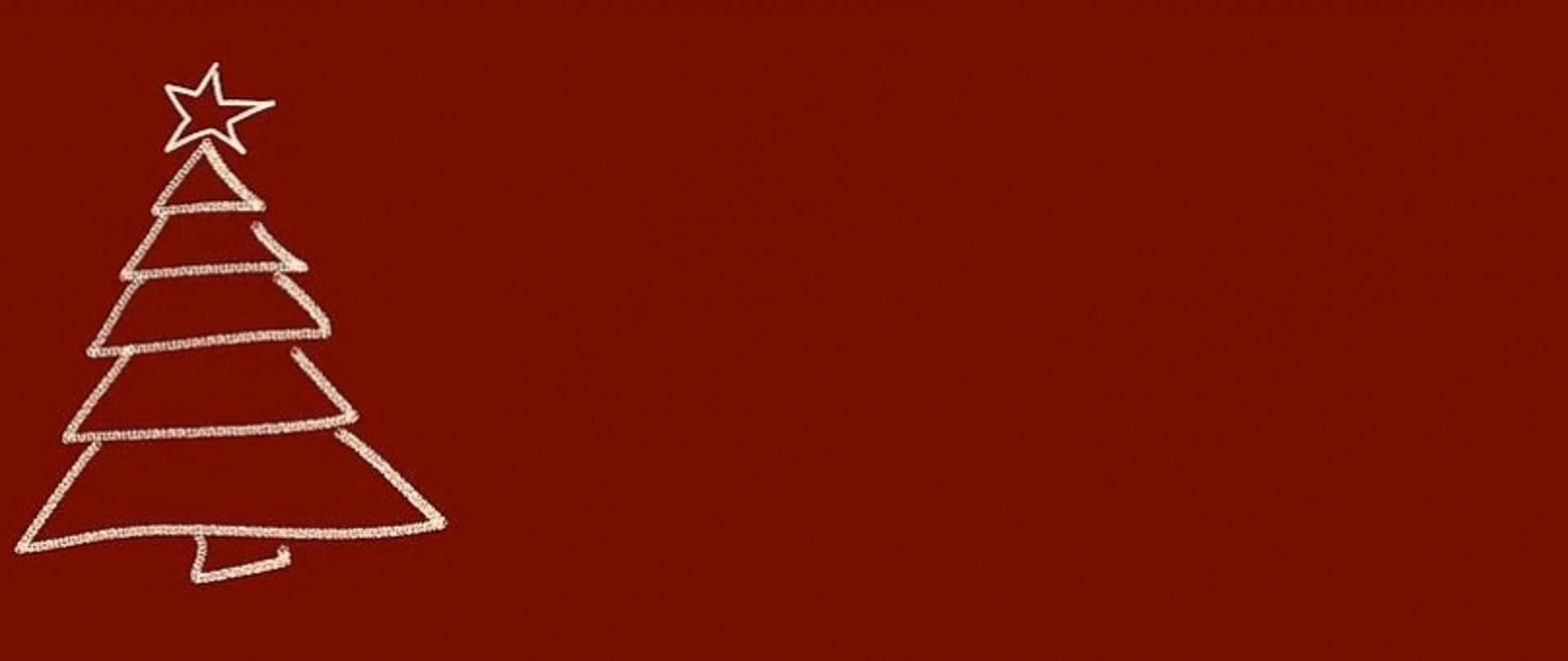 Stylizowana choinka z białych linii na czerwonym tle z gwiazdą na czubku.