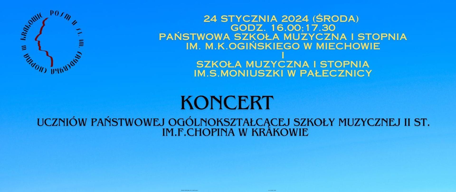 Baner, niebieskie tło, w lewym górnym rogu logotyp szkoły; tekst zapowiada dwa koncerty uczniów naszej szkoły w Miechowie oraz w Pałecznicy 24 stycznia 2024 r.