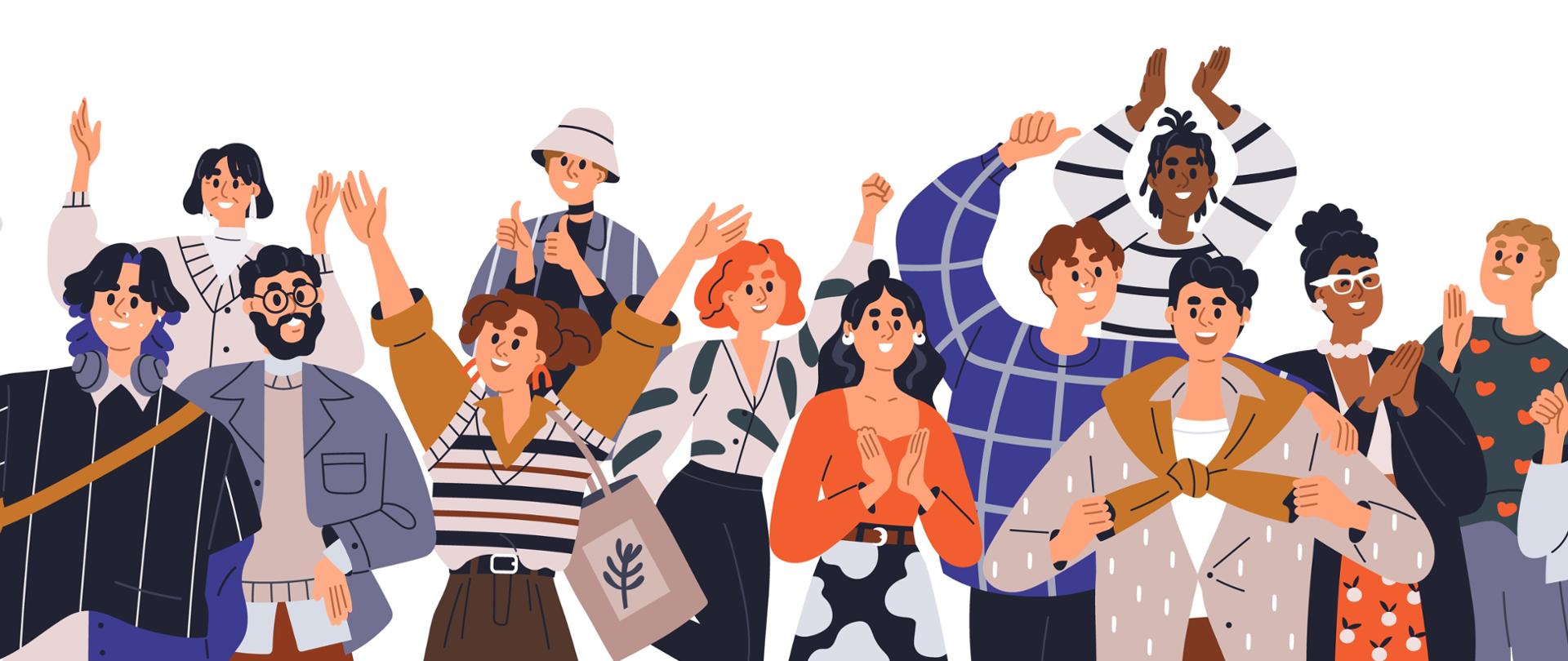 Crowd of happy people group, welcoming and applauding. Active fans audience with hands up standing together. Young men and women yelling at event. Flat vector illustration isolated on white background.