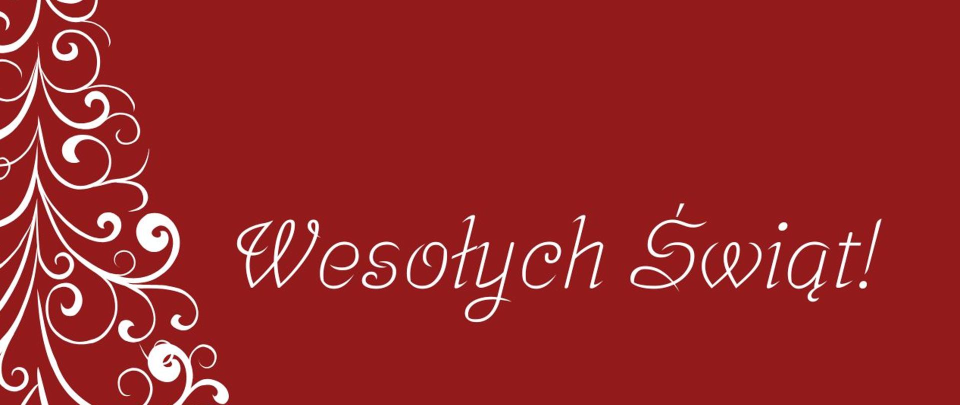 Plakat ma czerwone tło z białymi, dekoracyjnymi motywami świątecznymi: stylizowanymi śnieżynkami zawieszonymi u góry oraz ozdobną choinką w lewym dolnym rogu. W centralnej części umieszczono logo szkoły oraz elegancki, kaligraficzny tekst z życzeniami z okazji Świąt Bożego Narodzenia i Nowego Roku 2026, skierowany do odbiorców przez Państwową Szkołę Muzyczną I stopnia nr 1 w Kędzierzynie-Koźlu. Całość zamyka wyraźny napis „Wesołych Świąt!”, który podkreśla uroczysty i serdeczny charakter plakatu.