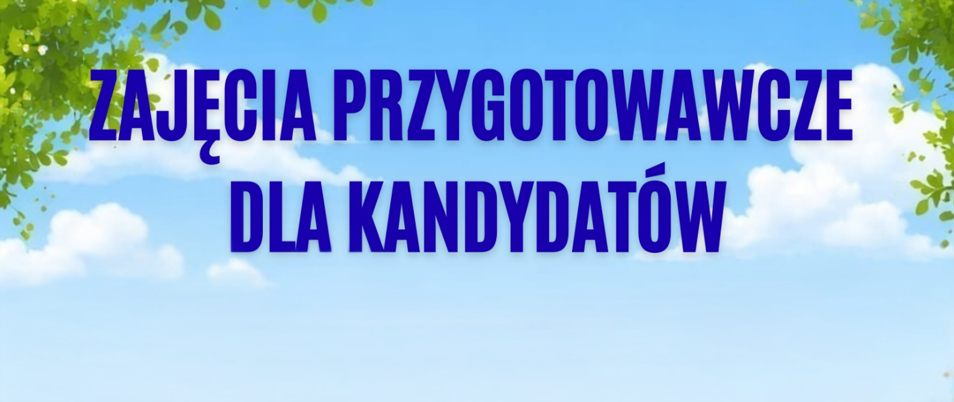 Tło obrazka to błękitne niebo, w górnych rogach zielone liście drzew. W centralnej części granatowy napis: "zajęcia przygotowawcze dla kandydatów".