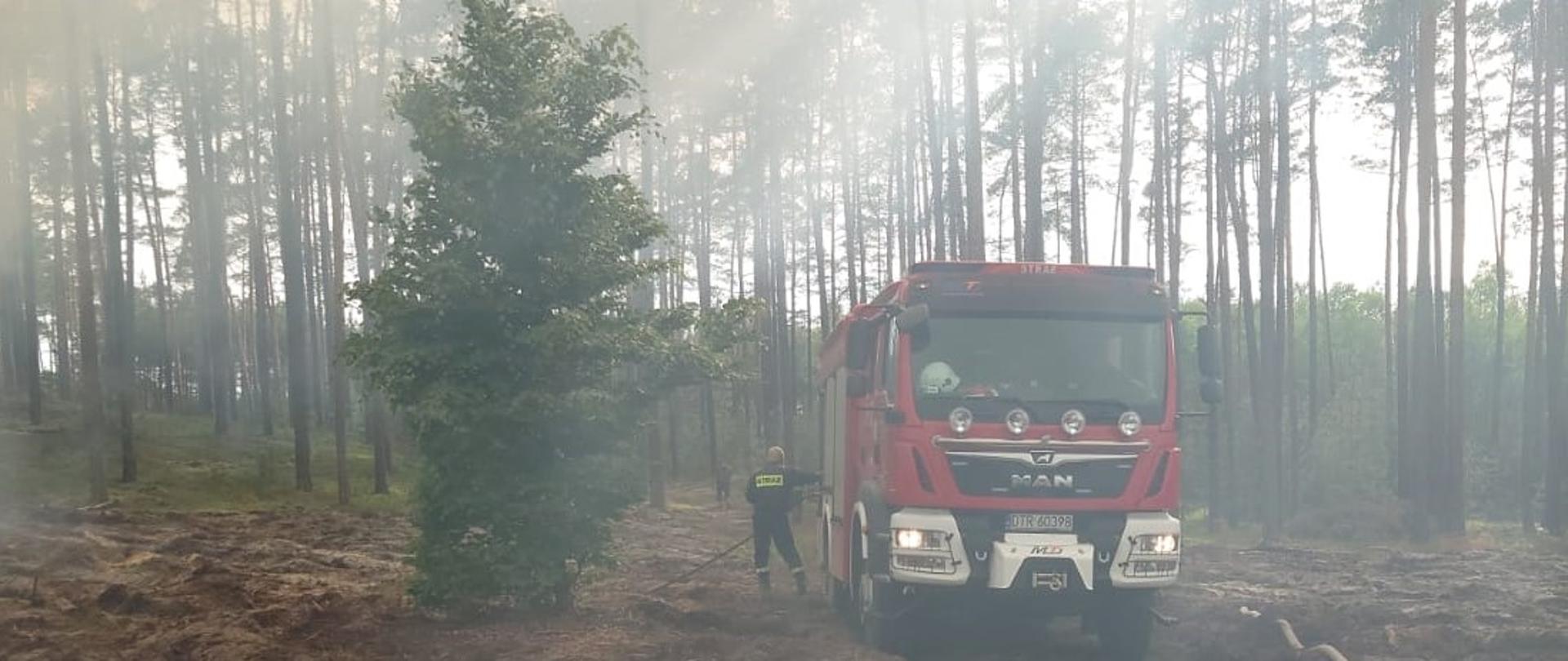 Auto strażackie na tle lasu. Tło zadymione