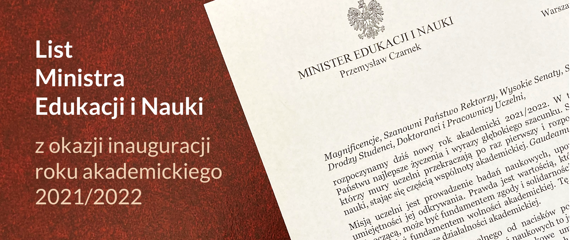 List Ministra Edukacji i Nauki z okazji inauguracji roku akademickiego 2021/2022