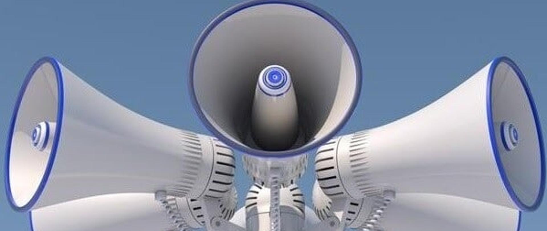 Syrena alarmowa na niebieskim tle.