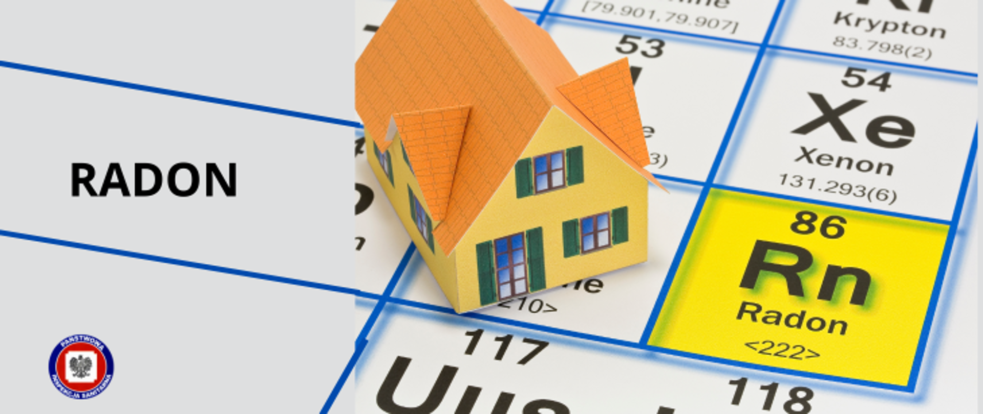 Po prawej na układzie okresowym pierwiastków stoi piętrowy dom, po lewej na szarym tle czarny napis Radom poniżej w lewym rogu logo Państwowej inspekcji Sanitarnej