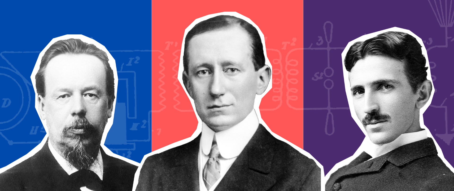 Grafika przedstawia zdjęcia Aleksandra Popowa, Guglielmo Marconiego i Nikoli Tesli oraz napis: Kto wynalazł radio?