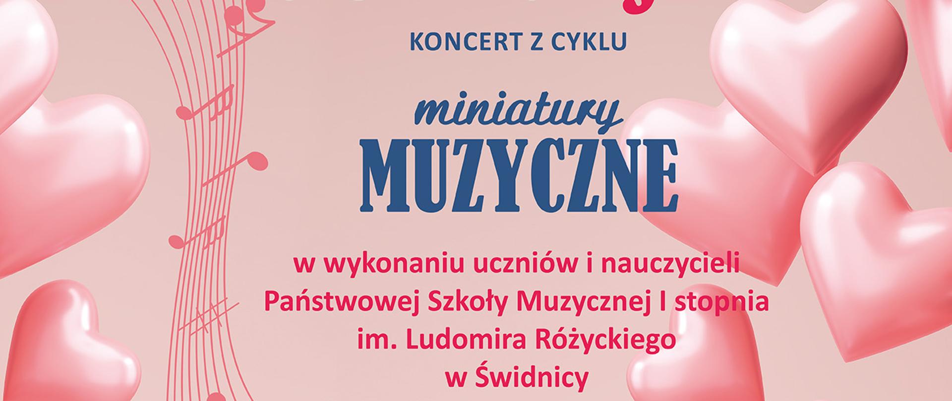 Plakat informujący o koncercie w galerii fotografii w Świdnicy, różowe tło , po prawej i lewej stronie ikony seduszek -kolor różowy na tym tle napisy czerwone i niebieskie informujące o koncercie i miejscu.