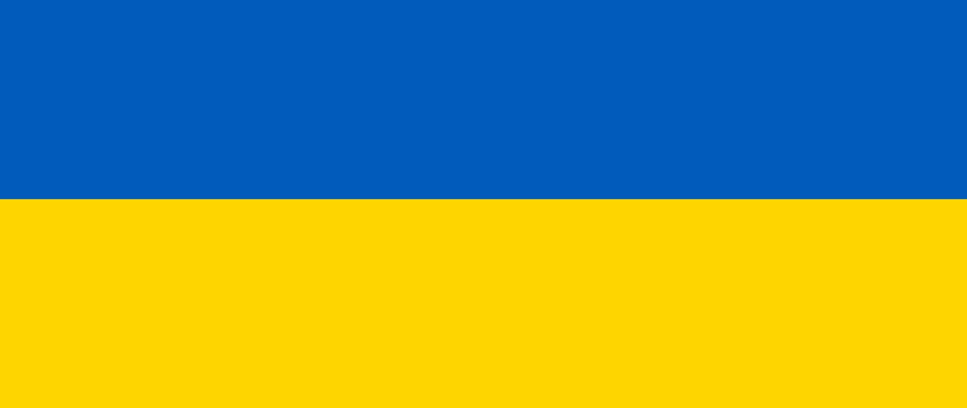 Flaga Ukrainy składająca się z dwóch poziomych pasów - górny pas koloru niebieskiego, dolny koloru żółtego