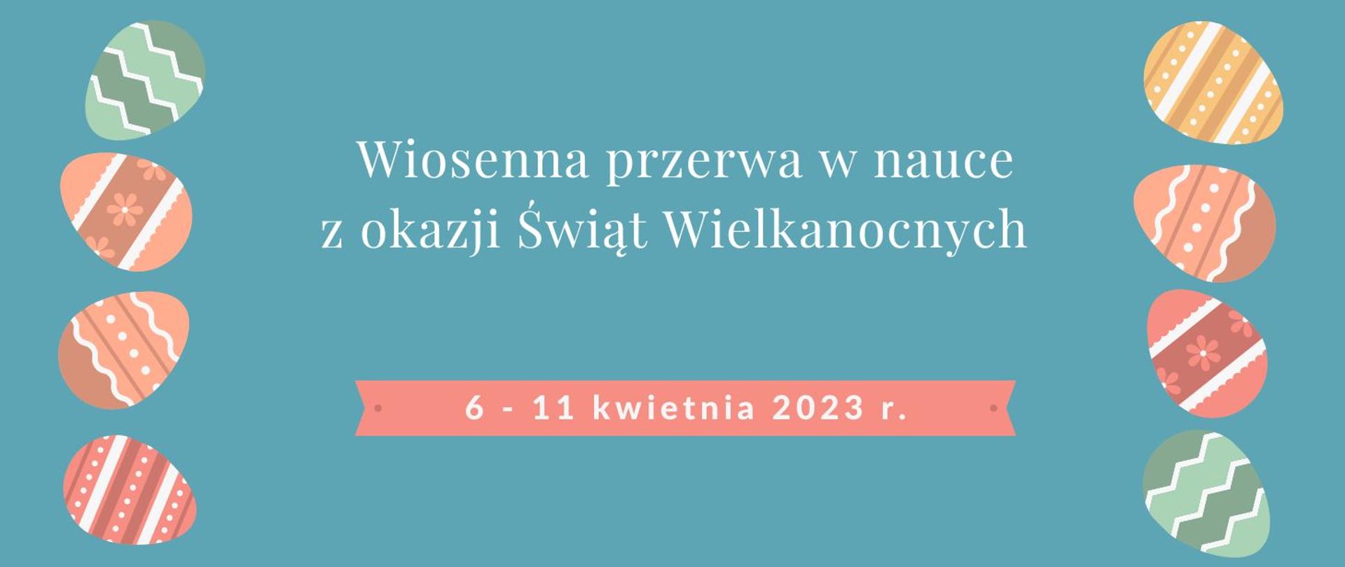 Informacja tekstowa z datą przerwy świątecznej. Na grafice znajdują się kolorowe jajka wielkanocne