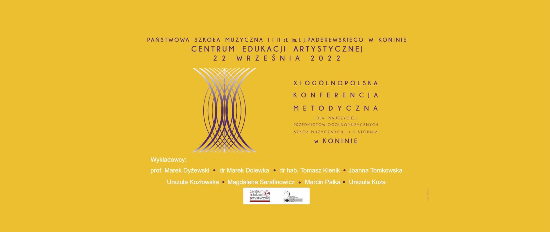 Na żółtym tle organizatorzy konferencji: PSM I i II st. w Koninie i Centrum Edukacji Artystycznej, data 22.09.2022, czerwono-żółte fale-struny i tytuł konferencji
