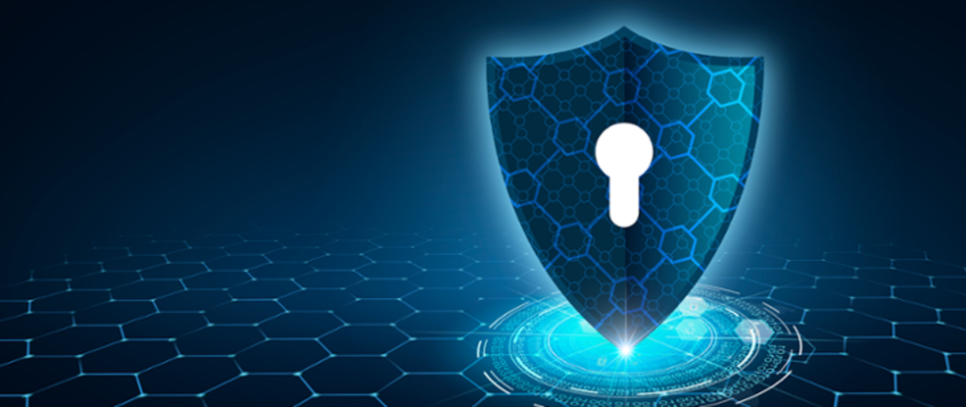 Grafika w granatowo-niebieskich kolorach. Na pierwszym planie, z prawej strony, symbol kłódki. Na dole elementy symbolizujące sieć cyberbezpieczeństwa.