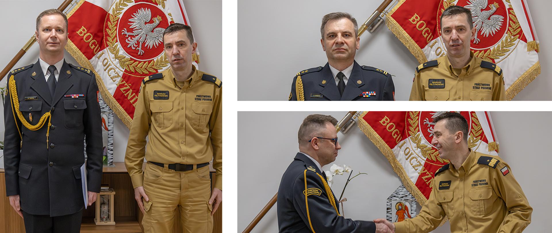 Kolaż zdjęć z komendantem głównym i powoływanymi strażakami, którzy są ubrani w mundury wyjściowe. 