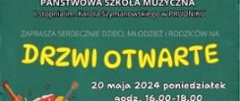 Baner z informacja o wydarzeniu "Drzwi otwarte". W lewym dolnym rogu grafika przedstawiająca różne instrumenty.