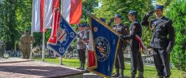 Na zdjęciu widać poczet flagowy PSP i policji na tle flag biało-czerwonych