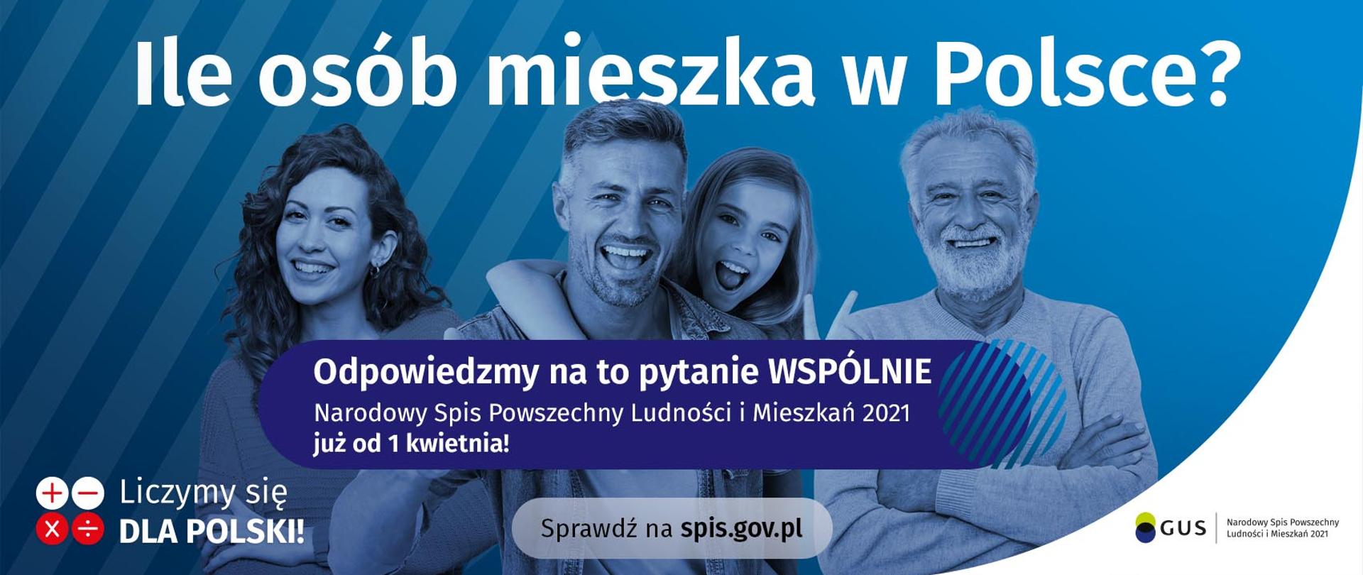Banner informacyjny o Narodowym Spisie Powszechnym, osoby na niebieskim tle, napis "wejdź na spis.gov.pl i spisz się! Spis trwa od 1 kwietnia"