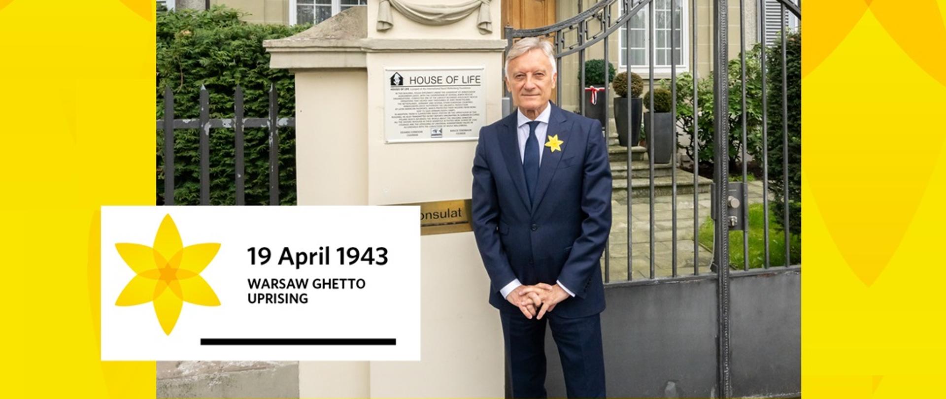 Auf dem Foto vor der Residenz der Republik Polen in Bern ist der Geschäftsträger der Republik Polen in Bern, Botschafter Marek Prawda, mit einer an seiner Jacke befestigten Narzisse zu sehen.